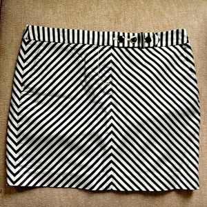J-Crew, cotton black & white striped mini skirt, metal black &  gold buttons.